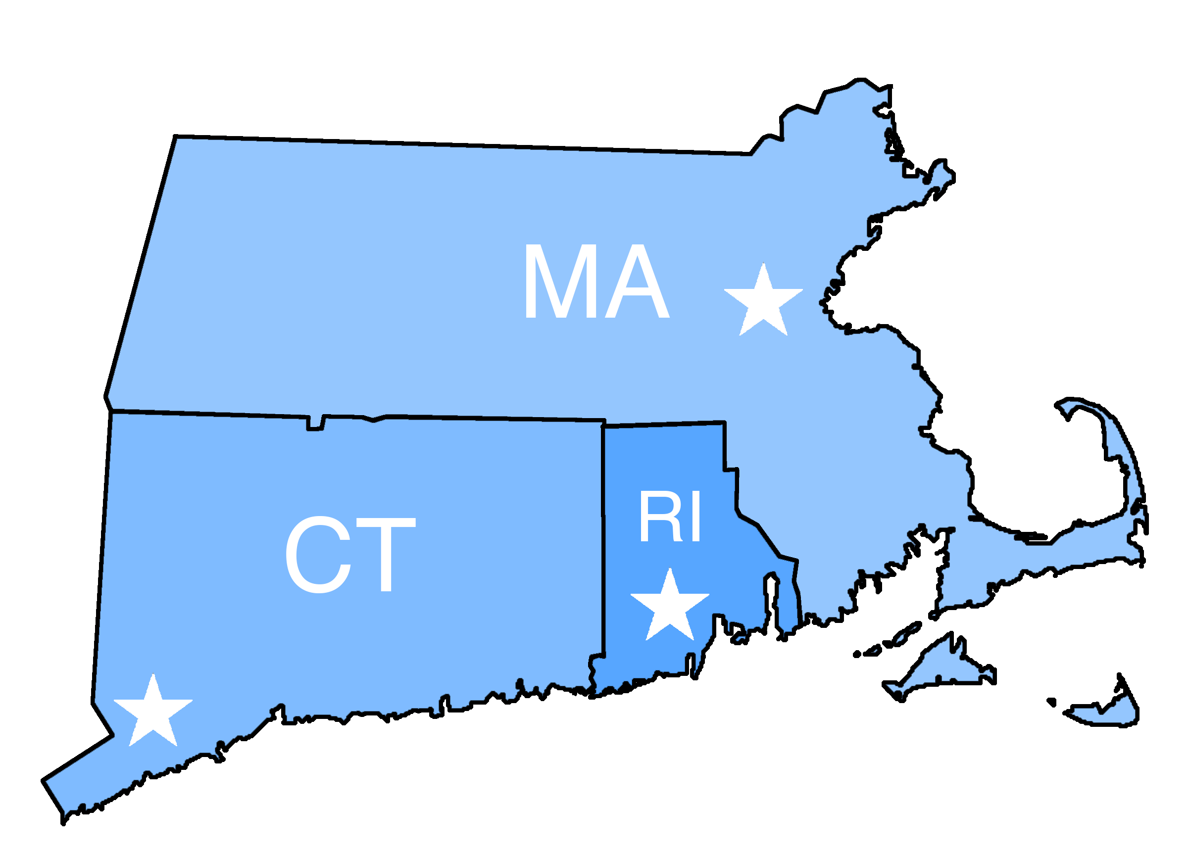 Map of Connecticut, Massachusetts, and Rhode Island.